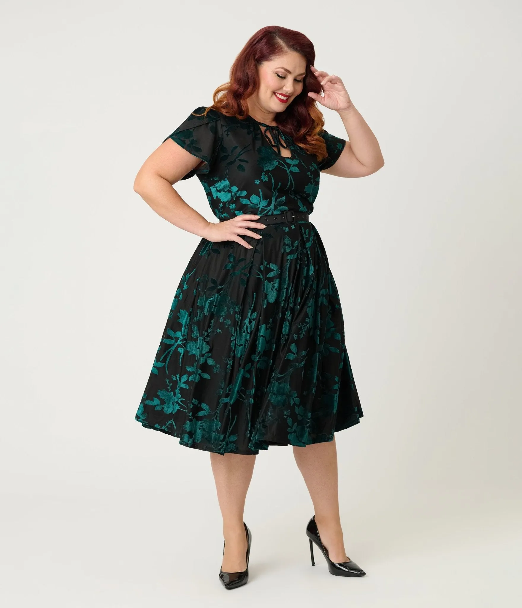 Unique Vintage Plus Size Teal Floral Velvet Burnout Dahlia Swing Dress sold by Unique Vintage product image thumbnail 4