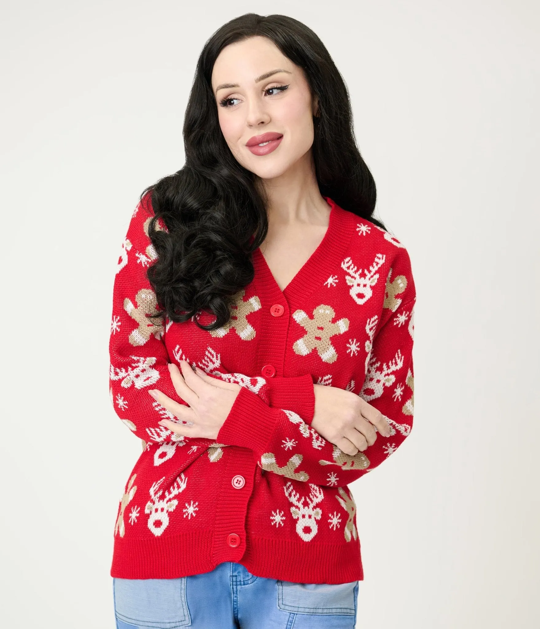 Red Reindeer & Gingerbread Man Cardigan sold by Unique Vintage product image thumbnail 3