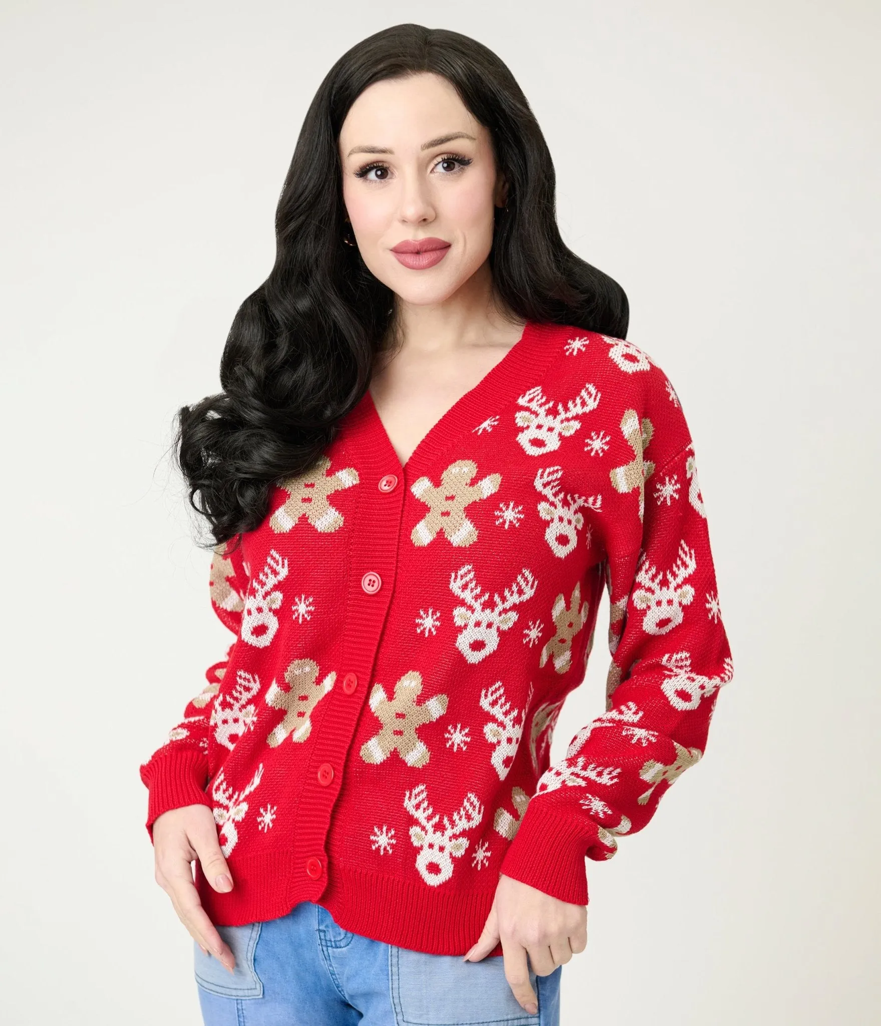 Red Reindeer & Gingerbread Man Cardigan sold by Unique Vintage