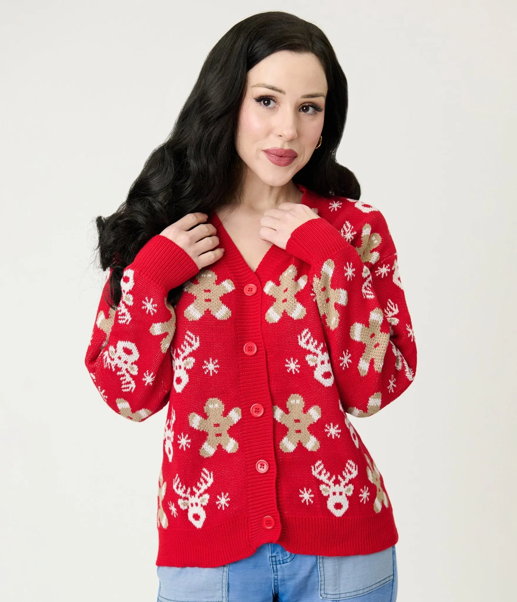 Red Reindeer & Gingerbread Man Cardigan sold by Unique Vintage product image thumbnail 4