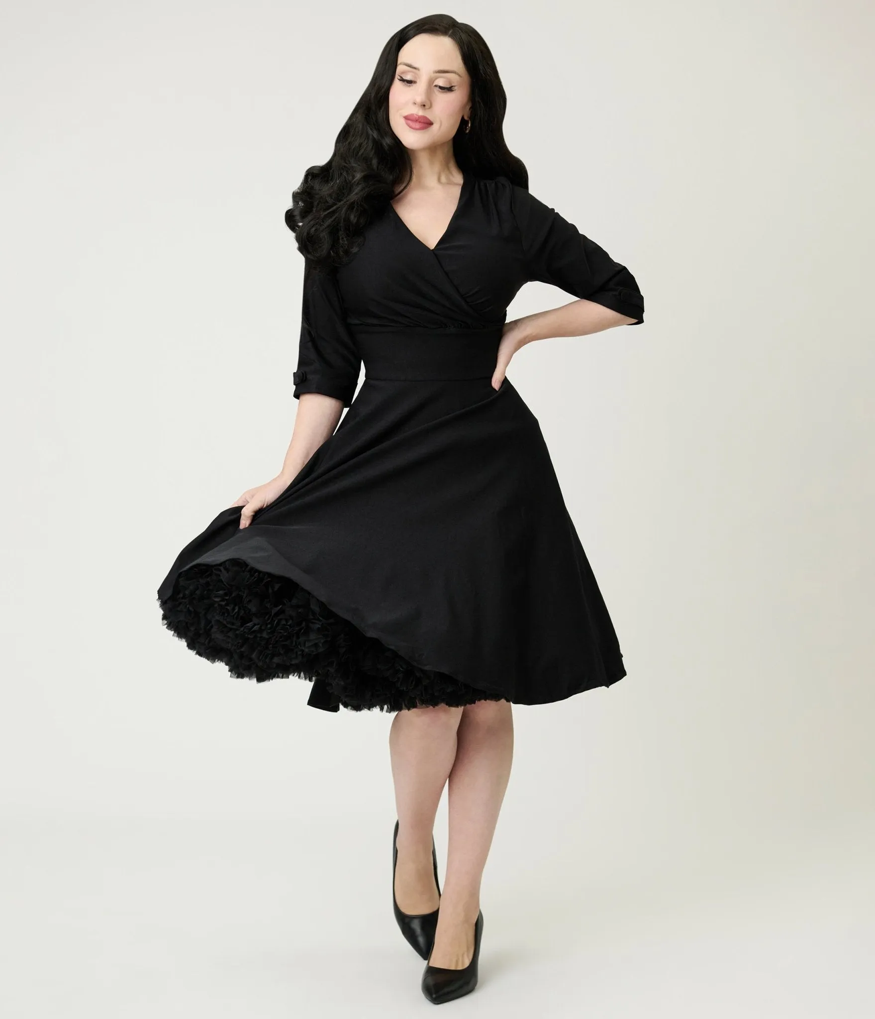 Black Surplice Neck Swing Dress sold by Unique Vintage
