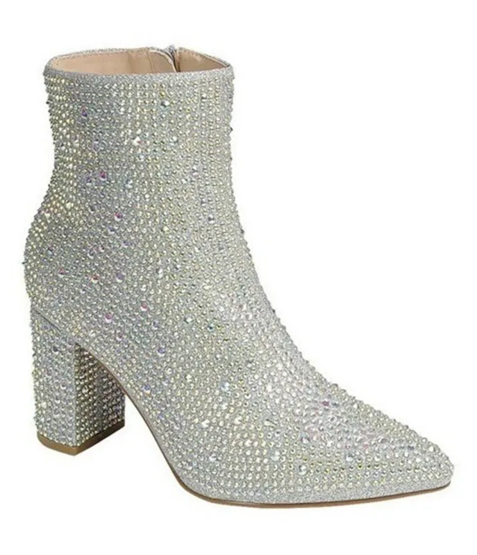 Silver Rhinestone Leatherette Ankle Boot sold by Unique Vintage