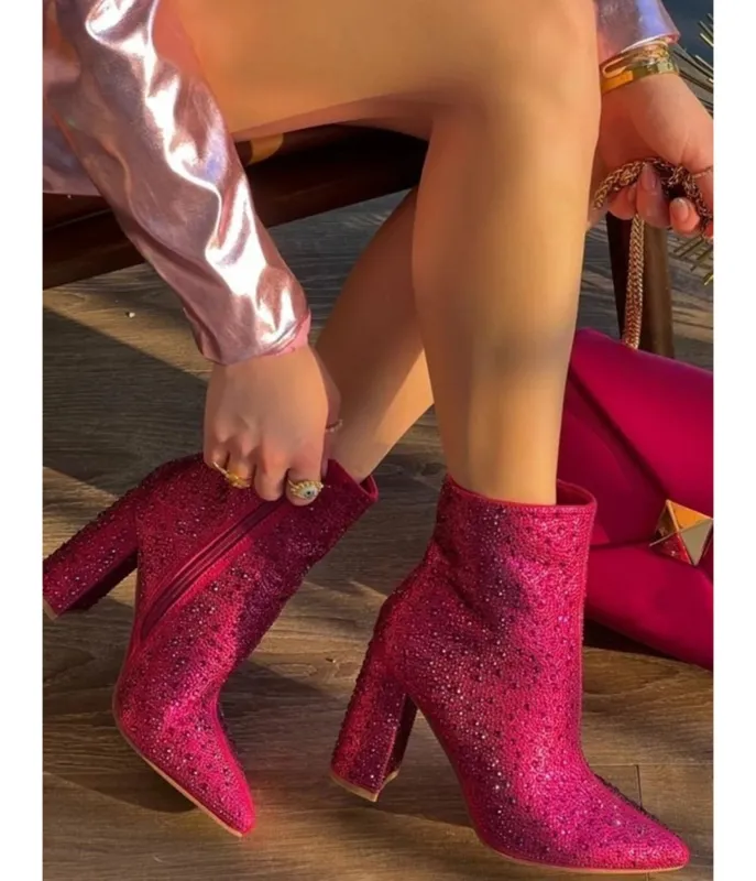 Fuchsia Rhinestone Leatherette Ankle Boot sold by Unique Vintage