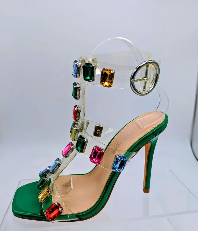 Green & Rainbow Jewel Rhinestone Heel Sandals sold by Unique Vintage