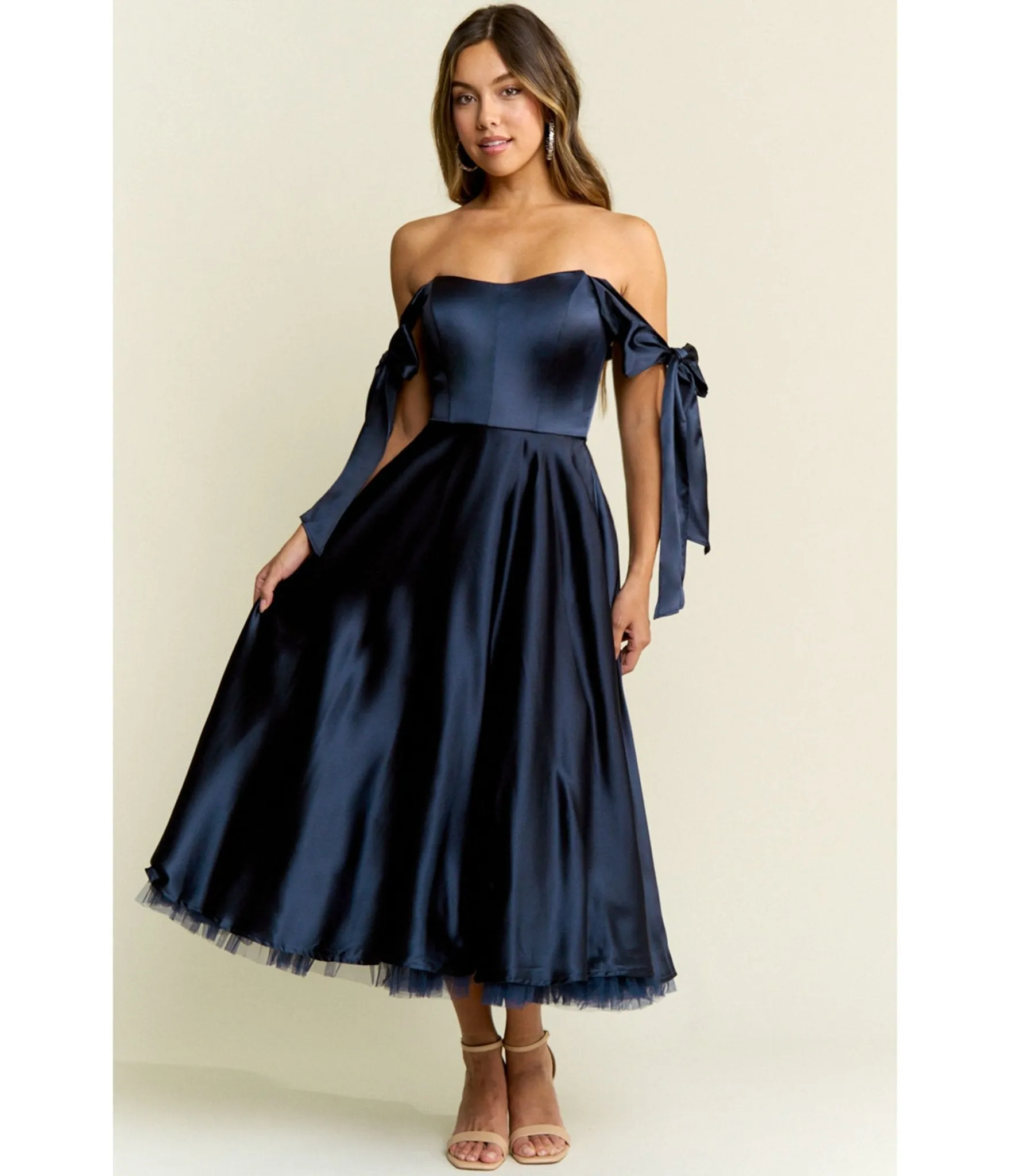 Navy Bow Off the Shoulder Midi Dress sold by Unique Vintage
