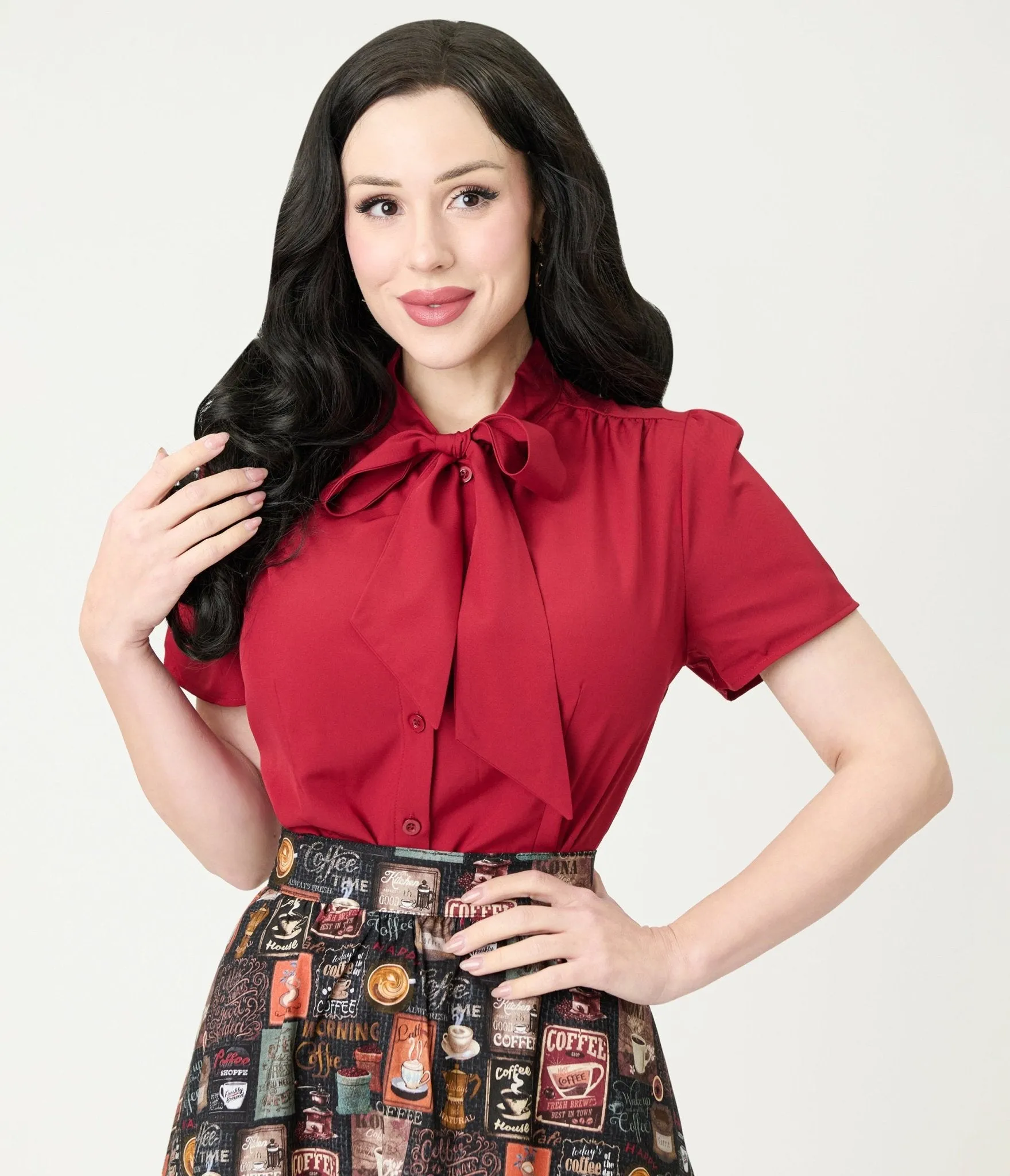 Burgundy Short Sleeve Bow Blouse sold by Unique Vintage
