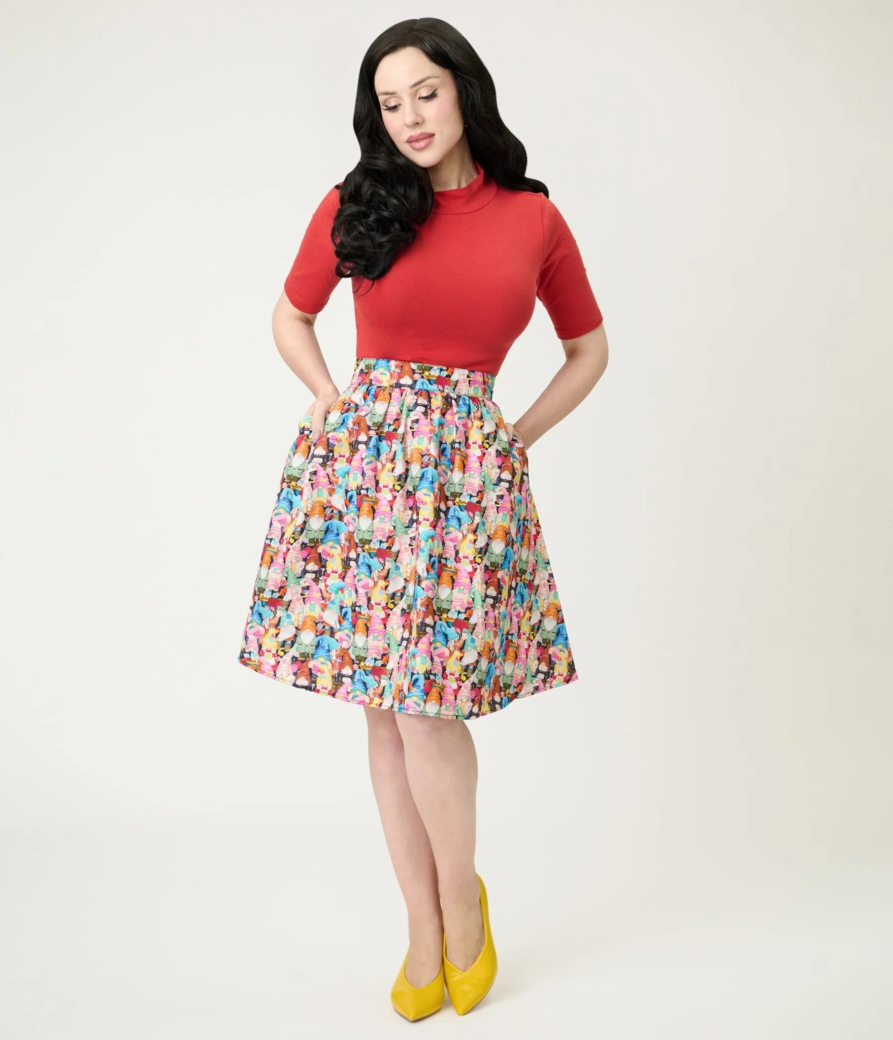Retrolicious Rainbow Sewing Gnomes Cotton Skater Skirt sold by Unique Vintage product image thumbnail 4