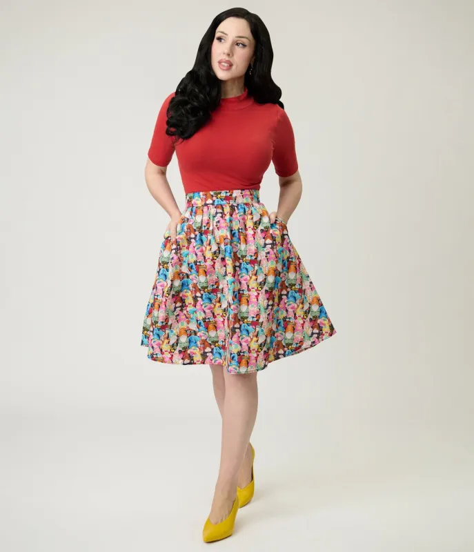 Retrolicious Rainbow Sewing Gnomes Cotton Skater Skirt sold by Unique Vintage