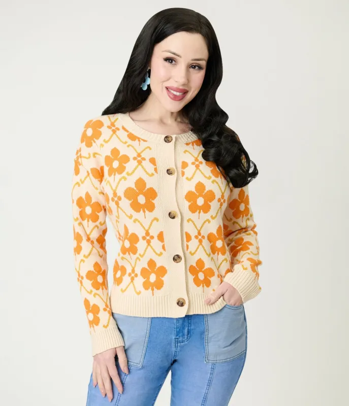 Cream & Orange Floral Cardigan sold by Unique Vintage