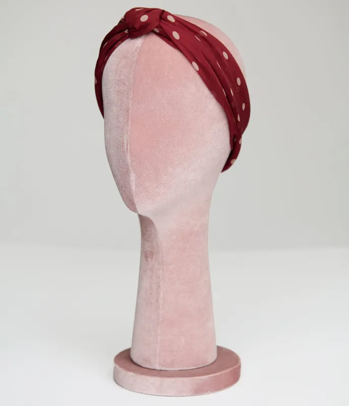 Unique Vintage Burgundy & Ivory Polka Dot Hair Scarf sold by Unique Vintage