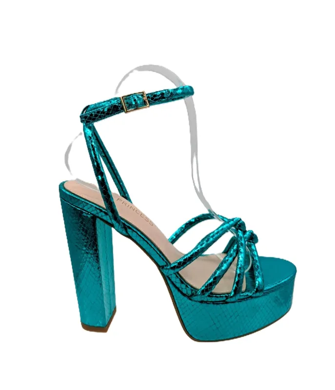 Metallic Green Leatherette Strap Platform Heels sold by Unique Vintage