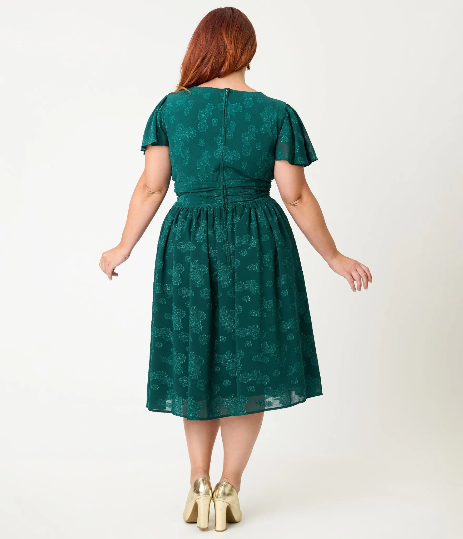 Magnolia Place Plus Size Emerald Floral Jacquard Midori Swing Dress sold by Unique Vintage product image thumbnail 2