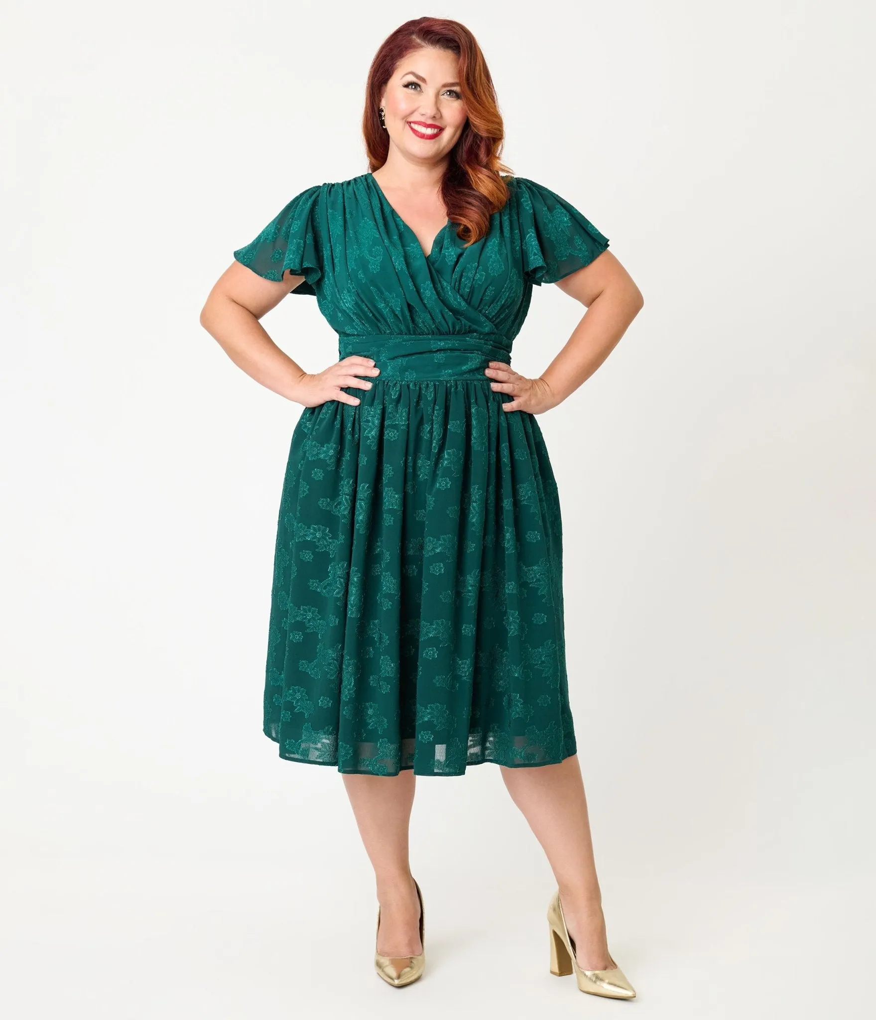 Magnolia Place Plus Size Emerald Floral Jacquard Midori Swing Dress sold by Unique Vintage product image thumbnail 3