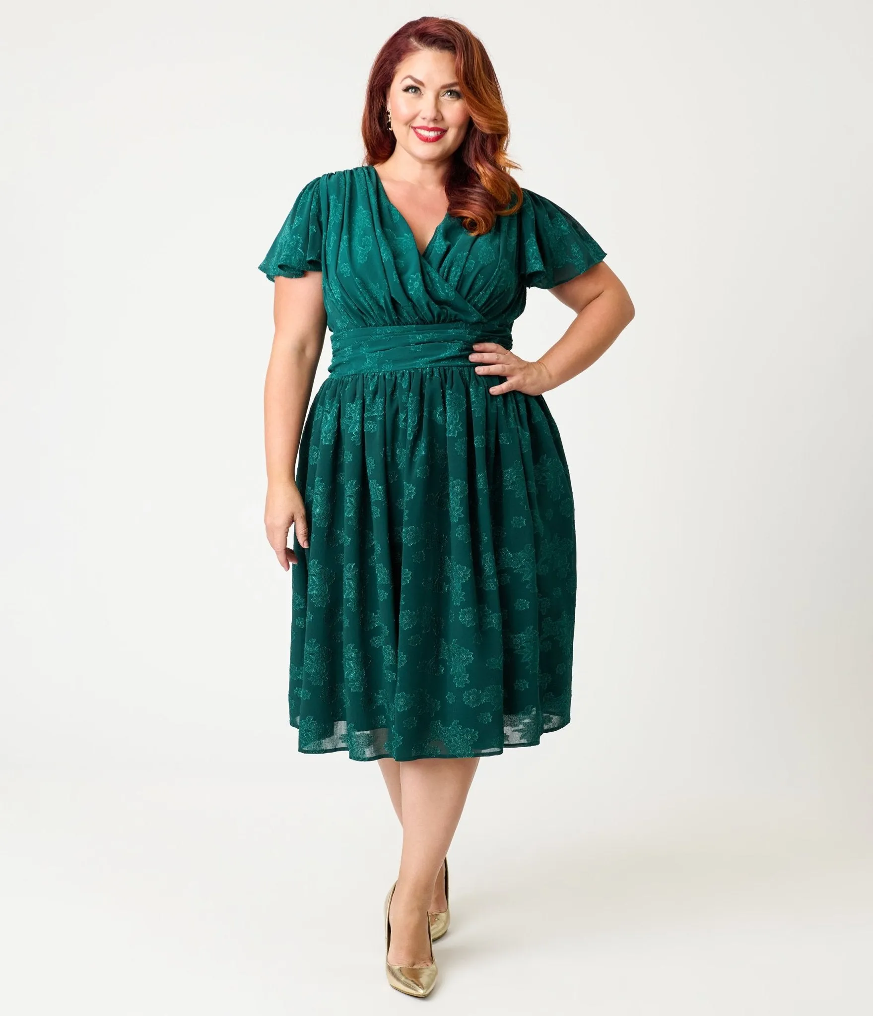 Magnolia Place Plus Size Emerald Floral Jacquard Midori Swing Dress sold by Unique Vintage product image thumbnail 4