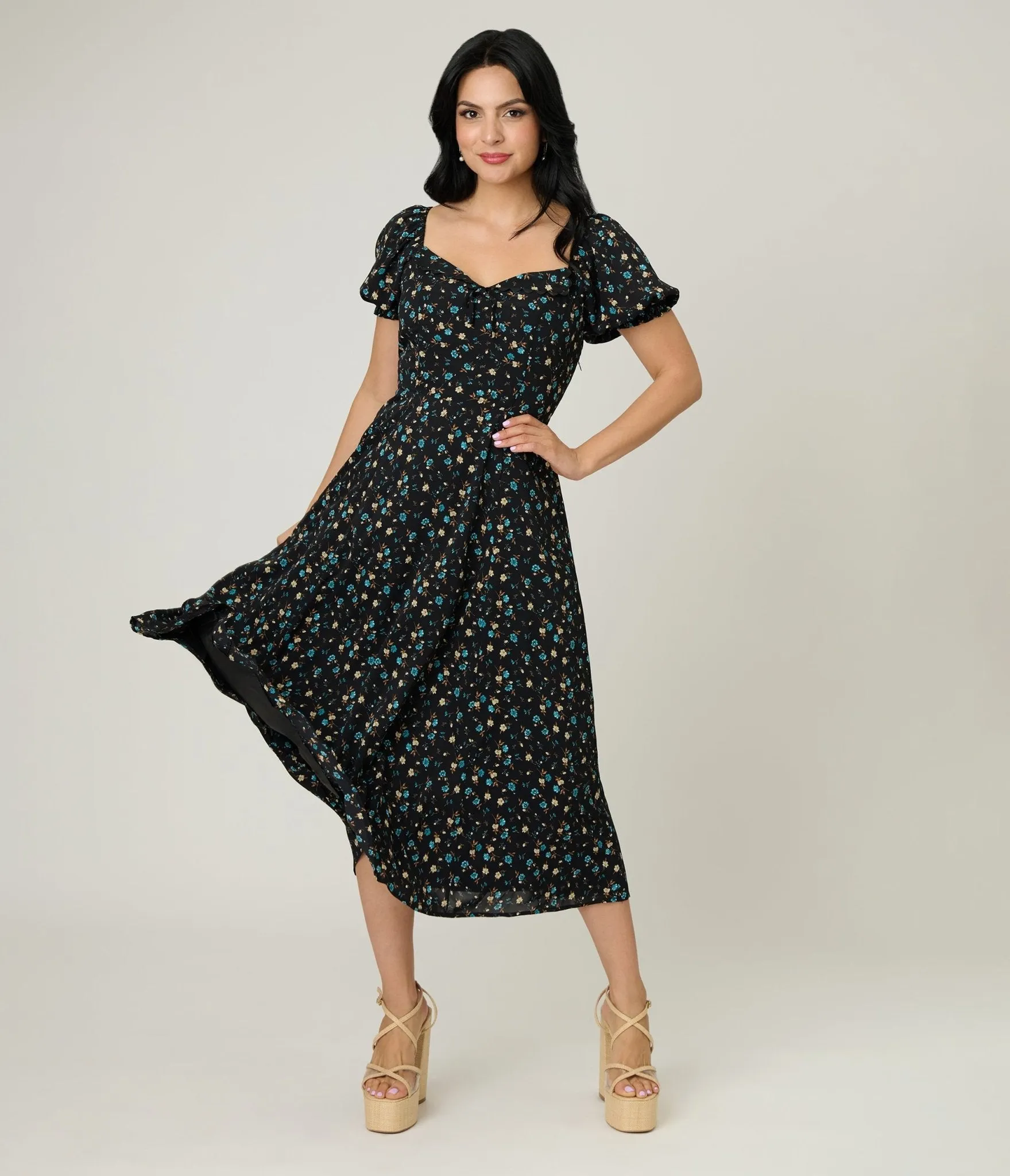 Unique Vintage Black & Blue Floral Puff Sleeve Midi Dress sold by Unique Vintage product image thumbnail 4