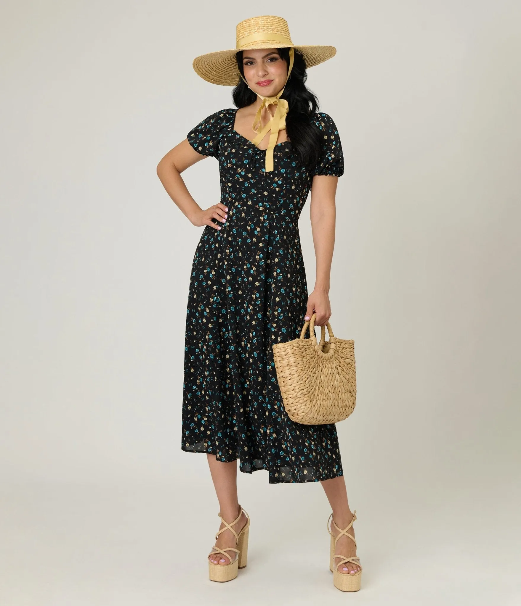 Unique Vintage Black & Blue Floral Puff Sleeve Midi Dress sold by Unique Vintage product image thumbnail 3