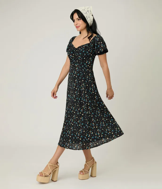 Unique Vintage Black & Blue Floral Puff Sleeve Midi Dress sold by Unique Vintage