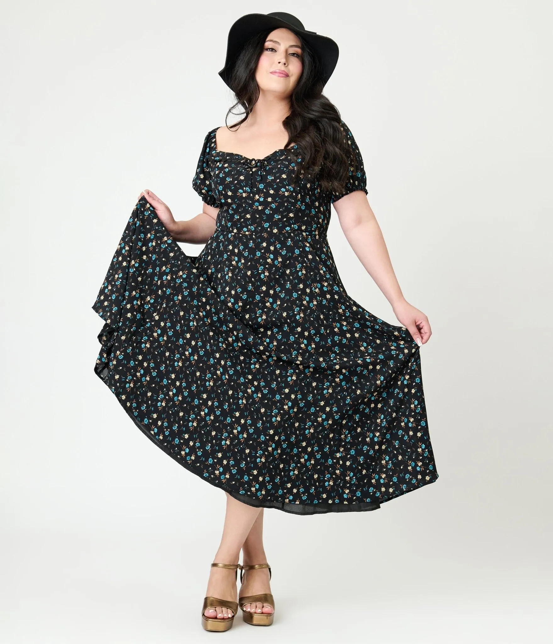 Unique Vintage Plus Size Black & Blue Floral Puff Sleeve Midi Dress sold by Unique Vintage product image thumbnail 3