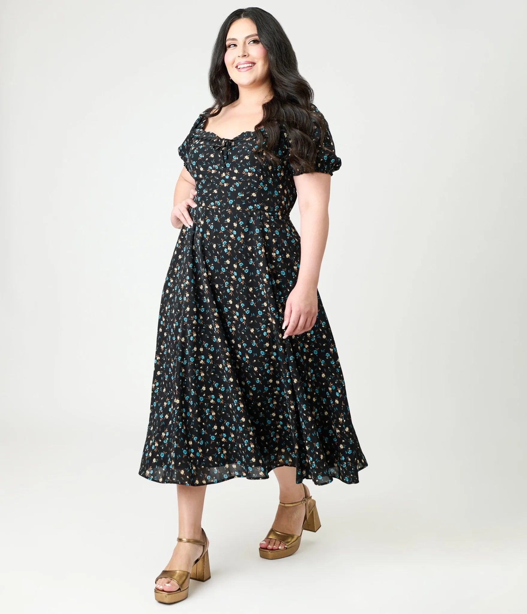 Unique Vintage Plus Size Black & Blue Floral Puff Sleeve Midi Dress sold by Unique Vintage