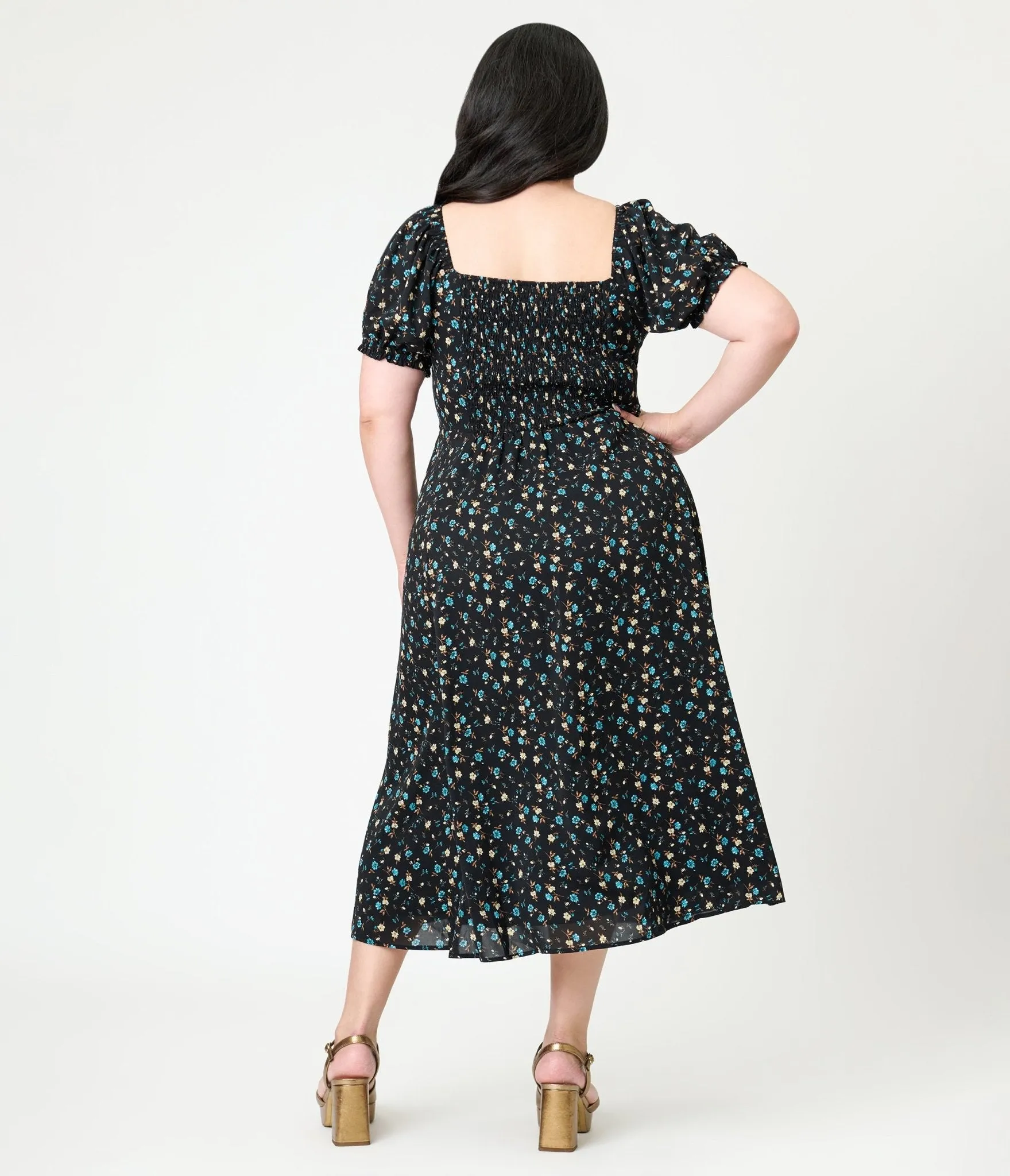 Unique Vintage Plus Size Black & Blue Floral Puff Sleeve Midi Dress sold by Unique Vintage product image thumbnail 2