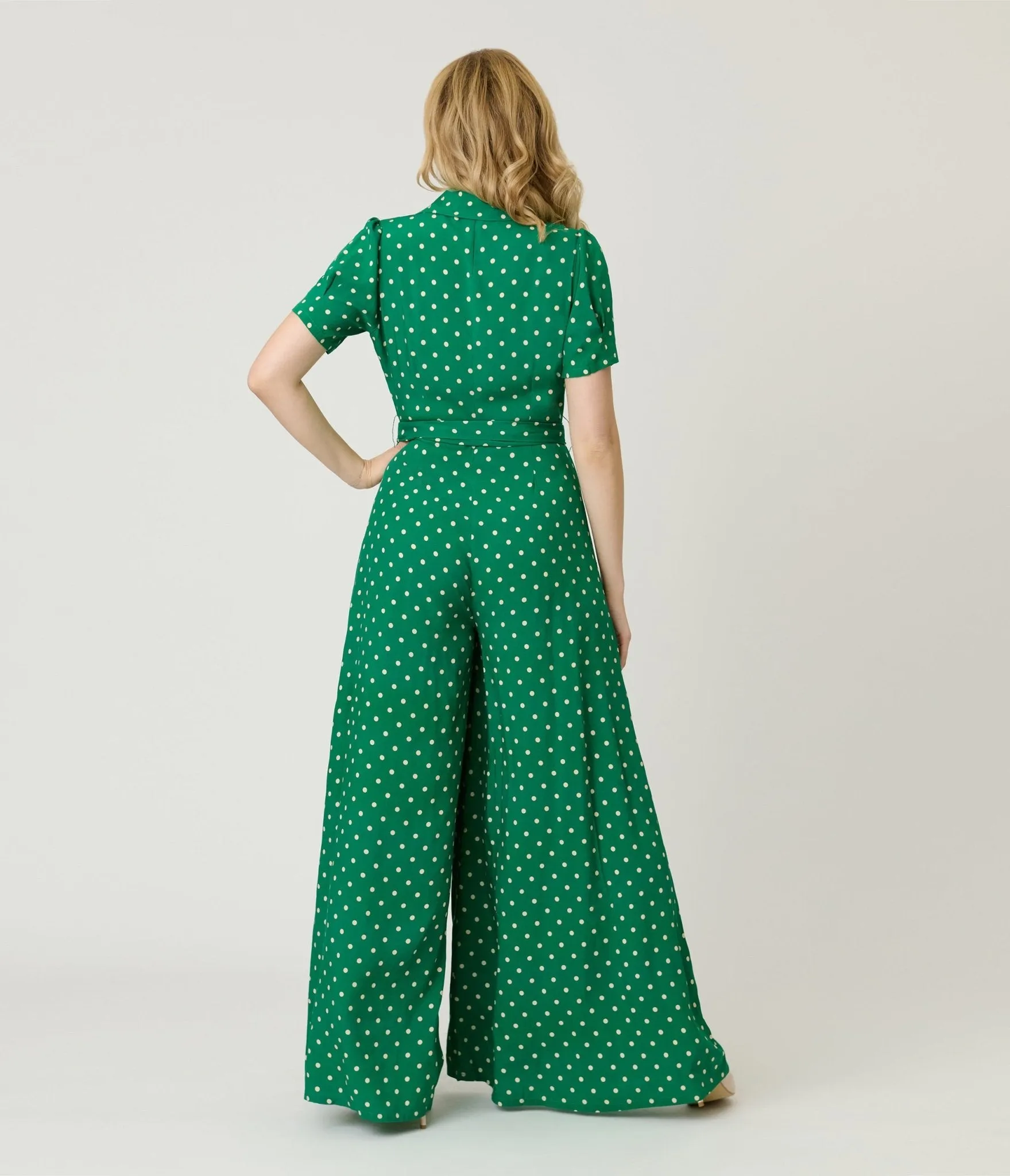Unique Vintage Green & White Dot Flare Jumpsuit sold by Unique Vintage product image thumbnail 2