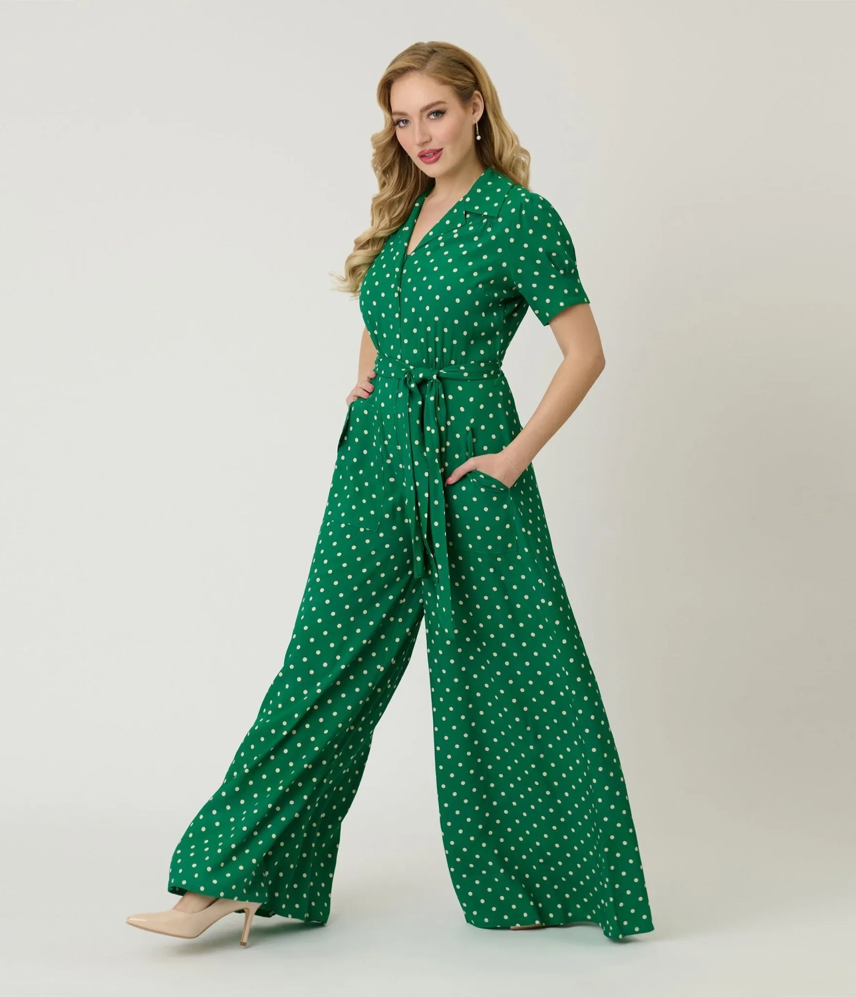 Unique Vintage Green & White Dot Flare Jumpsuit sold by Unique Vintage product image thumbnail 3