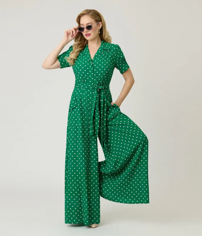 Unique Vintage Green & White Dot Flare Jumpsuit sold by Unique Vintage