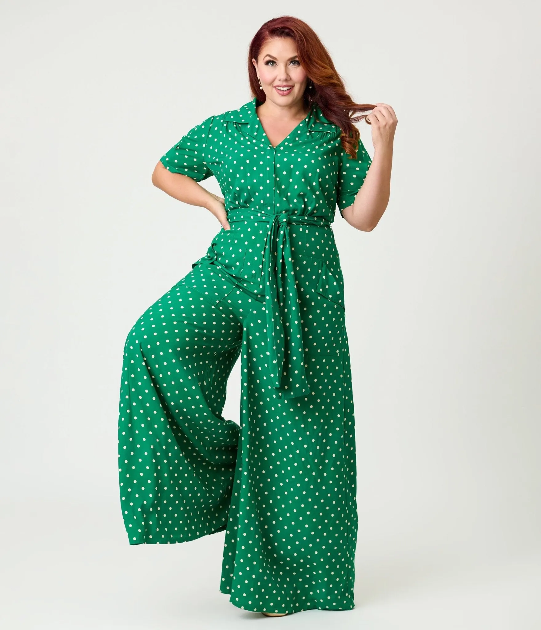 Unique Vintage Plus Size Green & White Dot Flare Jumpsuit sold by Unique Vintage product image thumbnail 3