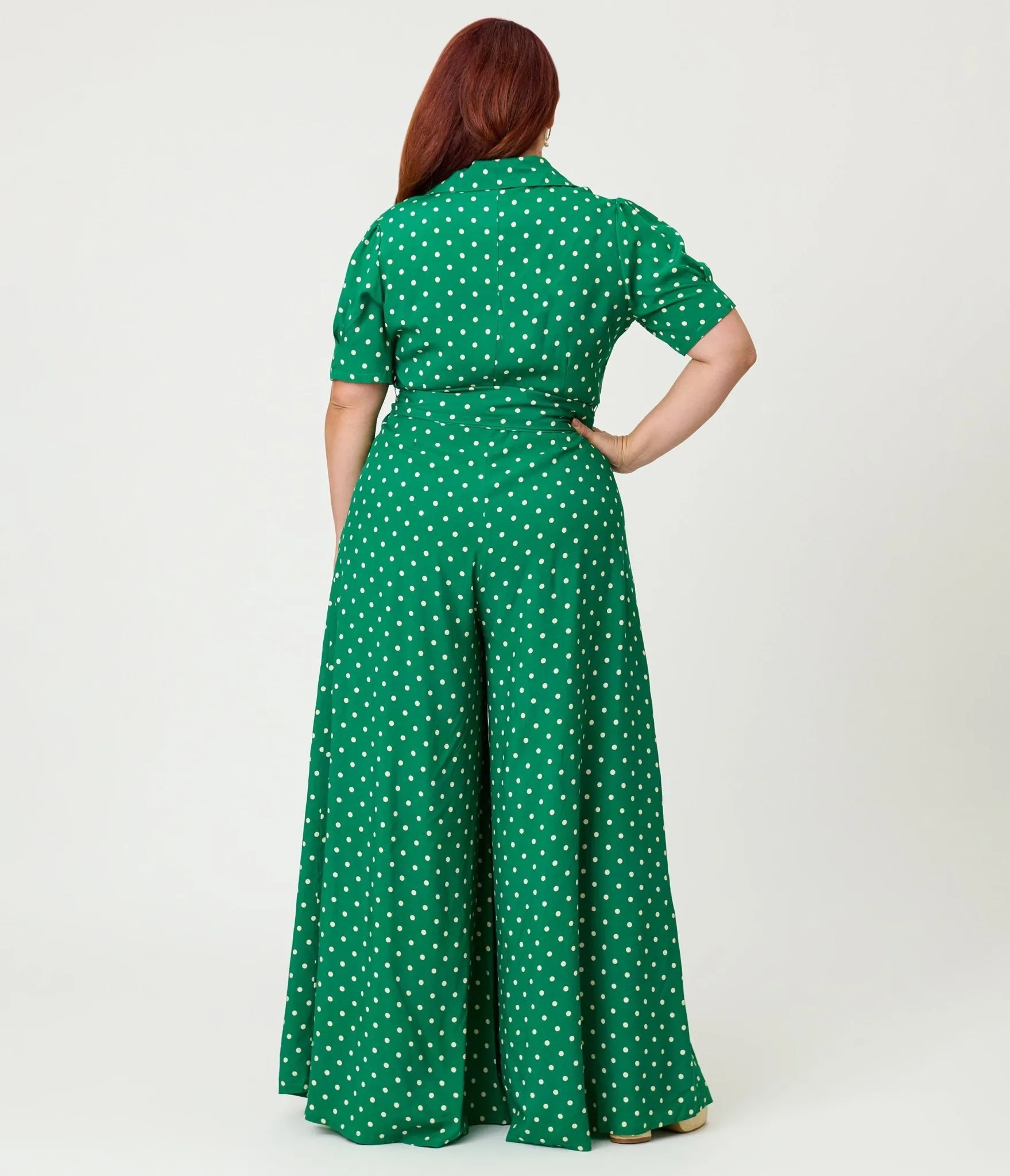 Unique Vintage Plus Size Green & White Dot Flare Jumpsuit sold by Unique Vintage product image thumbnail 2