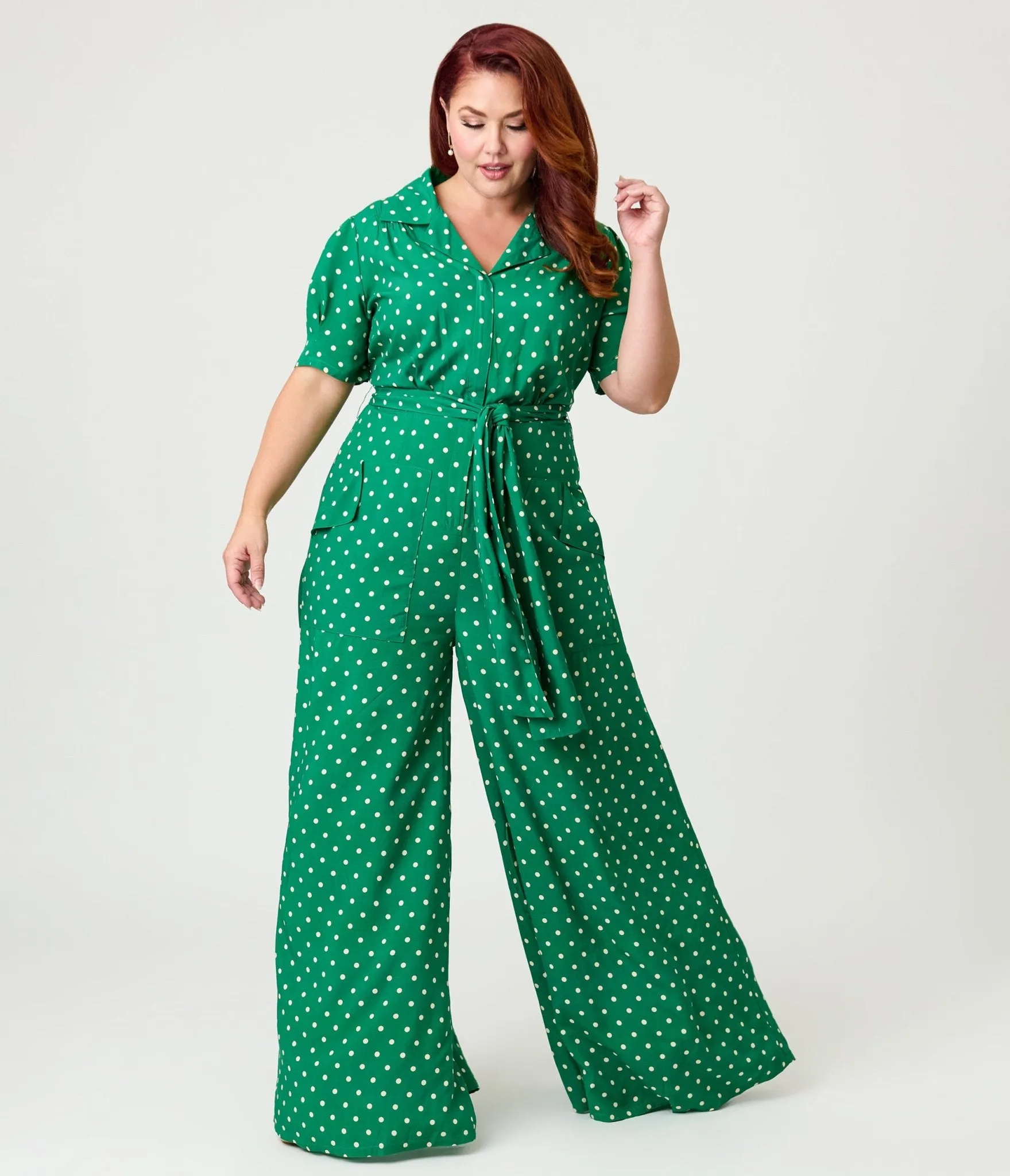 Unique Vintage Plus Size Green & White Dot Flare Jumpsuit sold by Unique Vintage