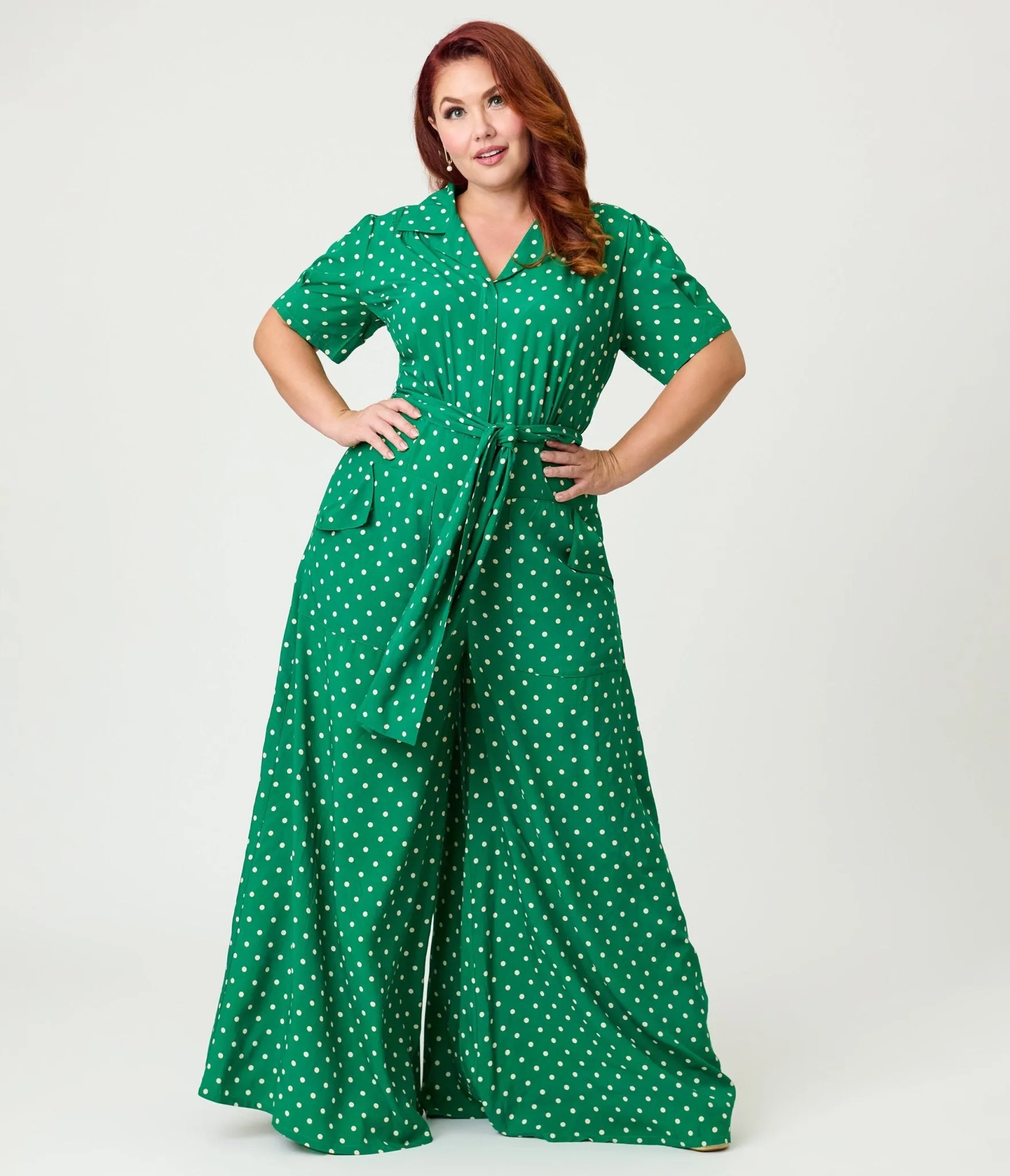 Unique Vintage Plus Size Green & White Dot Flare Jumpsuit sold by Unique Vintage product image thumbnail 4