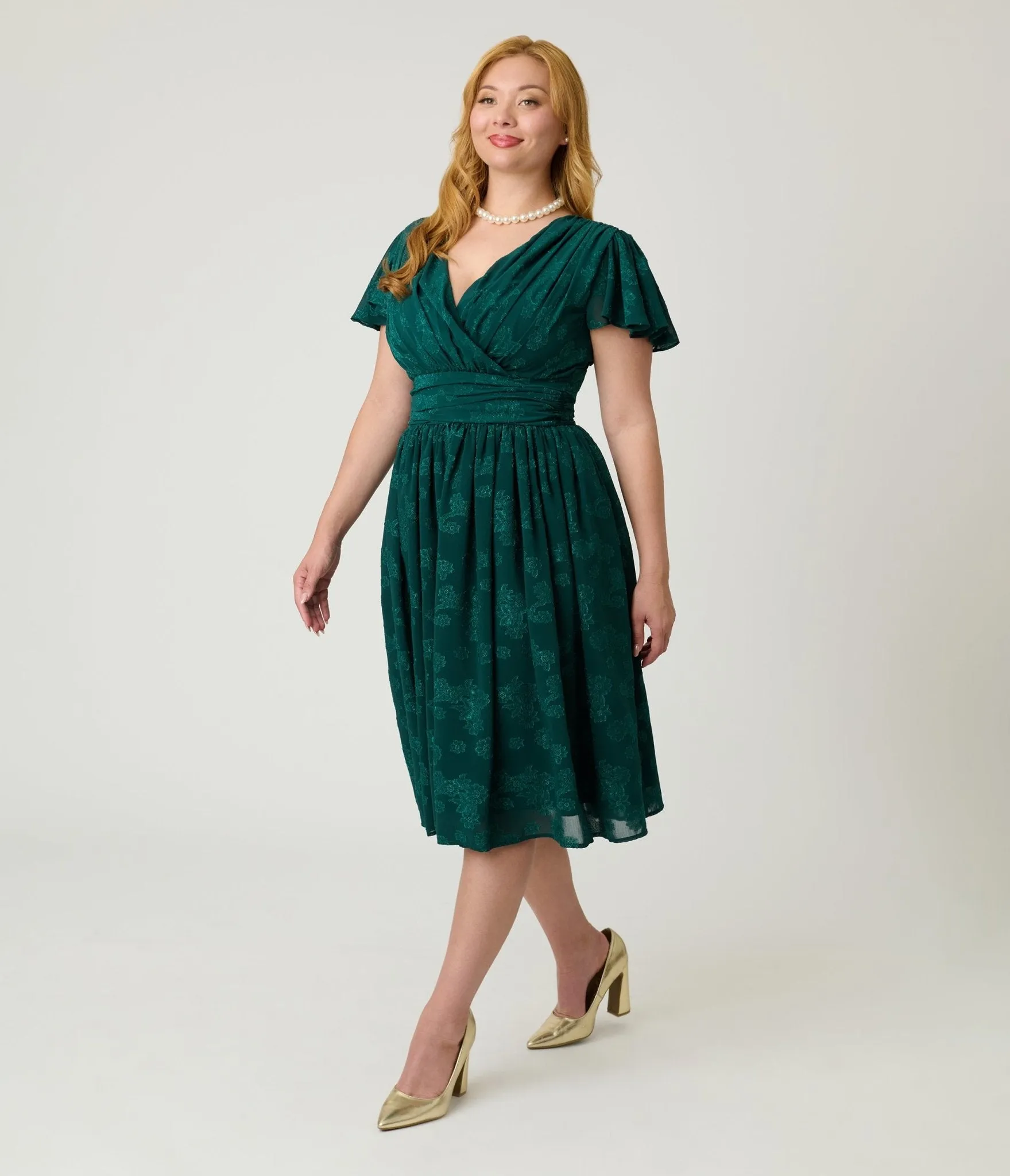 Magnolia Place Emerald Floral Jacquard Midori Swing Dress sold by Unique Vintage product image thumbnail 3