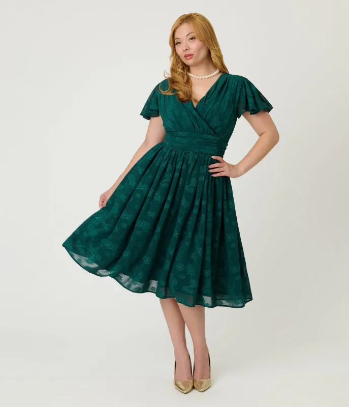 Magnolia Place Emerald Floral Jacquard Midori Swing Dress sold by Unique Vintage