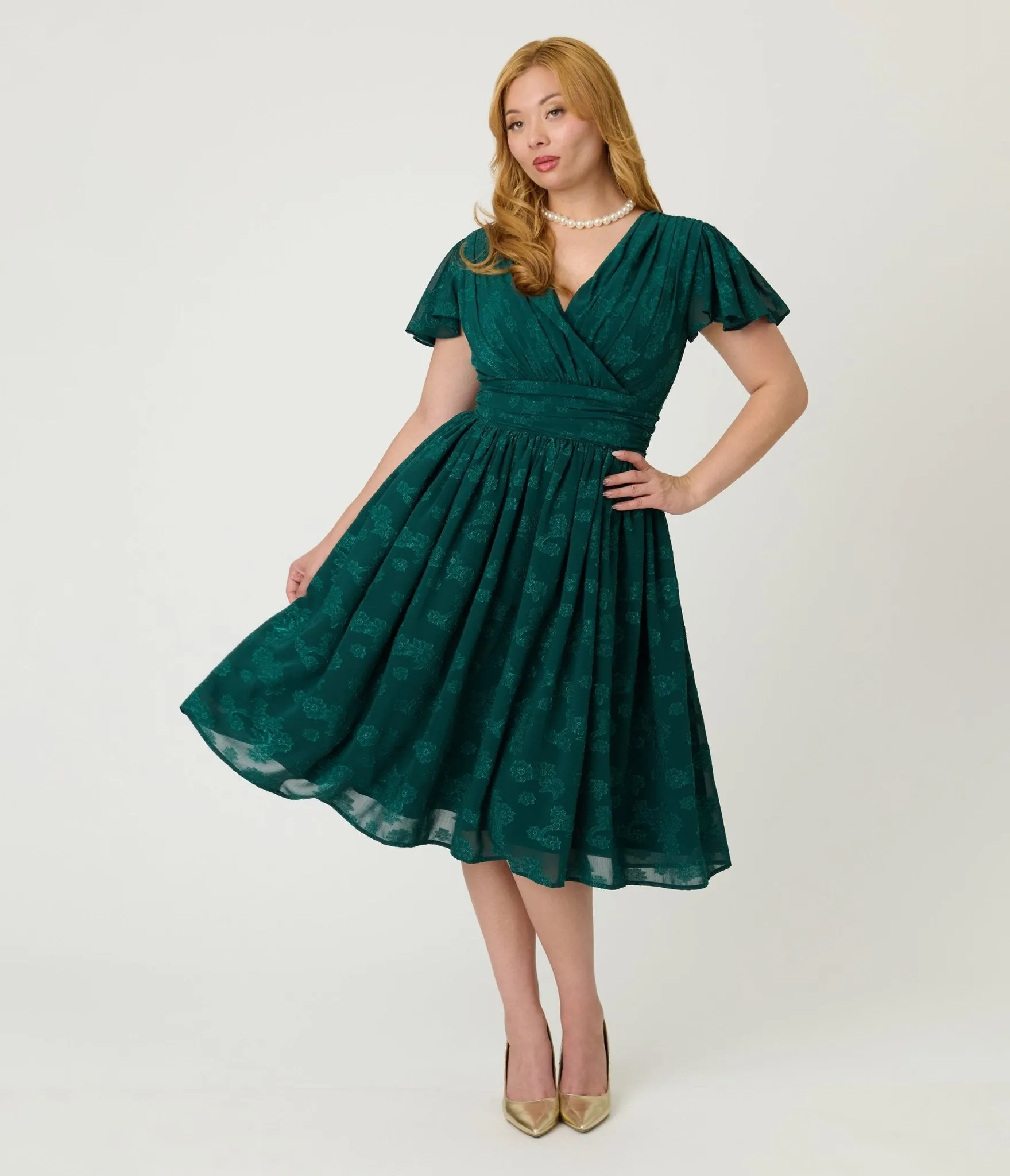 Magnolia Place Emerald Floral Jacquard Midori Swing Dress sold by Unique Vintage