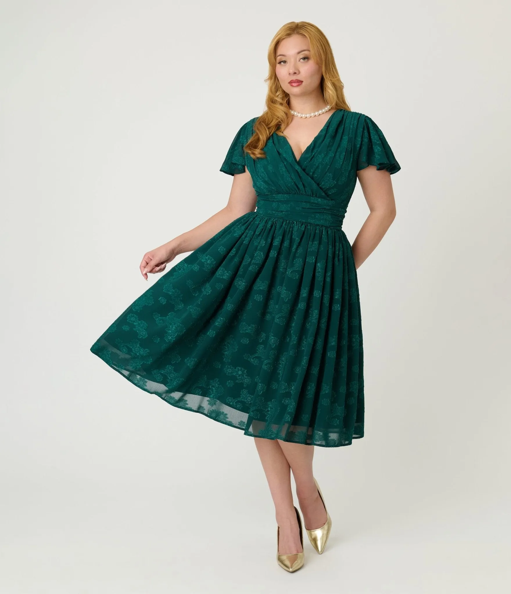 Magnolia Place Emerald Floral Jacquard Midori Swing Dress sold by Unique Vintage product image thumbnail 4