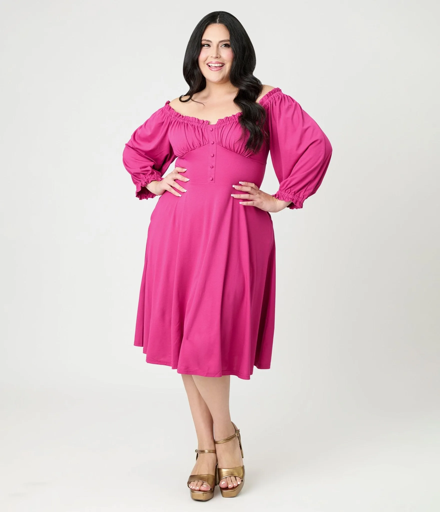 Unique Vintage Plus Size Pink Peasant Sleeve Swing Dress sold by Unique Vintage