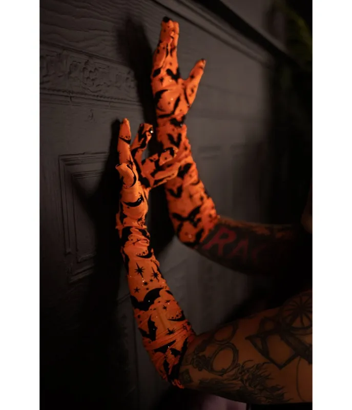 Wax Poetic Orange & Black Bat Flocked Mesh Gloves sold by Unique Vintage