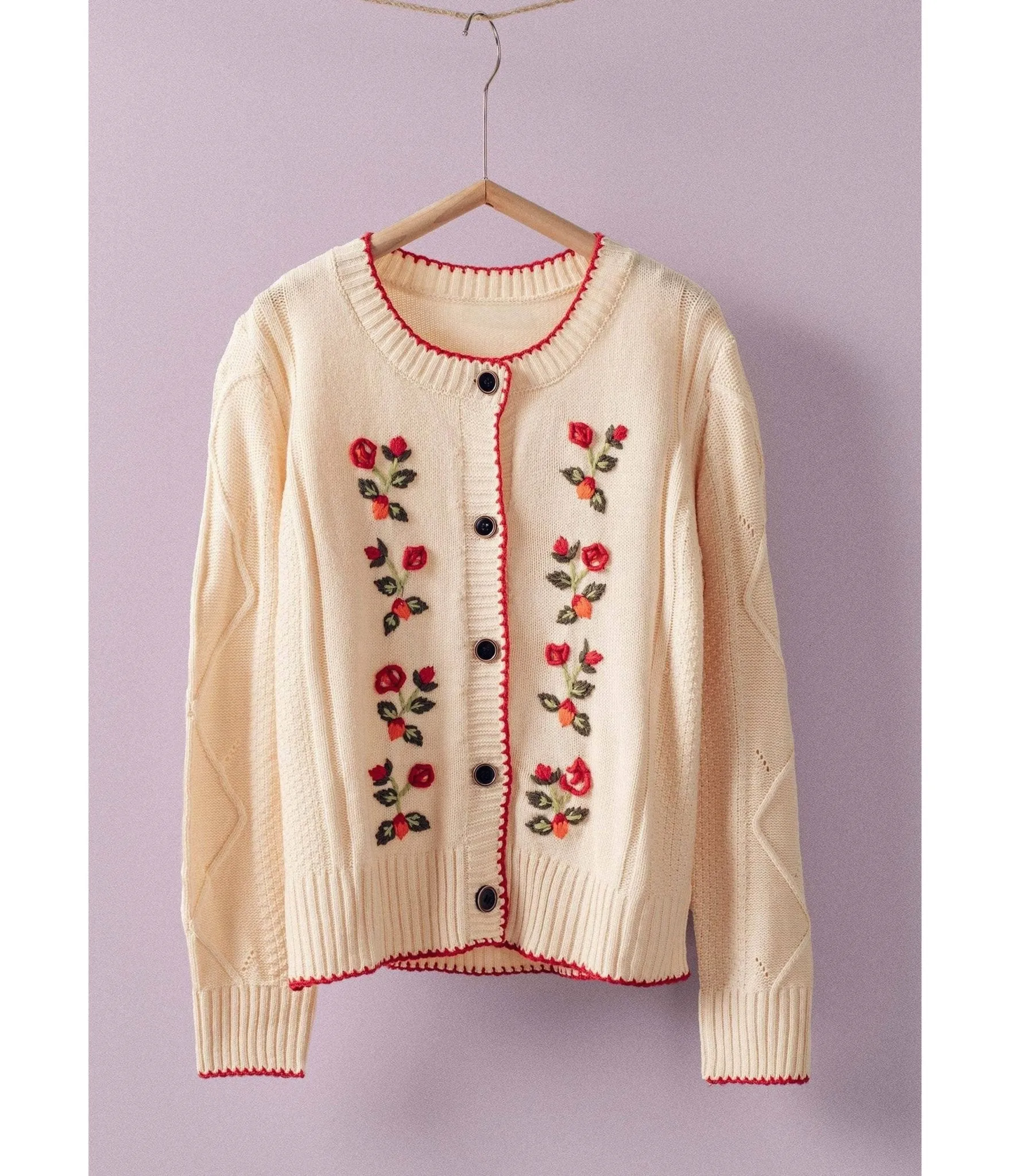 Cream & Red Floral Knit Cardigan sold by Unique Vintage product image thumbnail 3