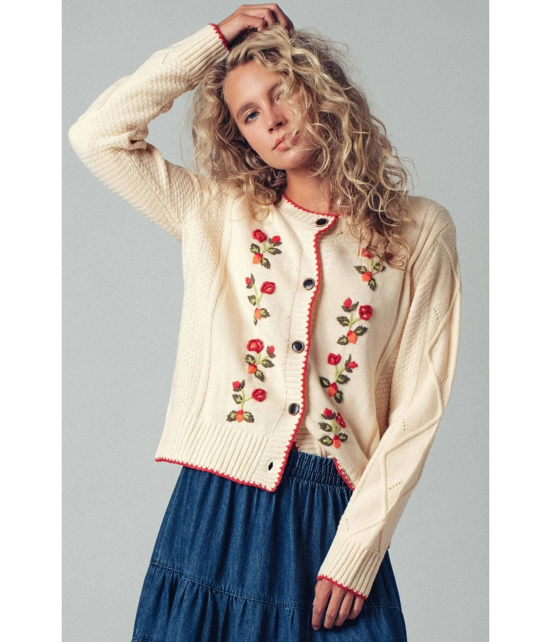 Cream & Red Floral Knit Cardigan sold by Unique Vintage product image thumbnail 2