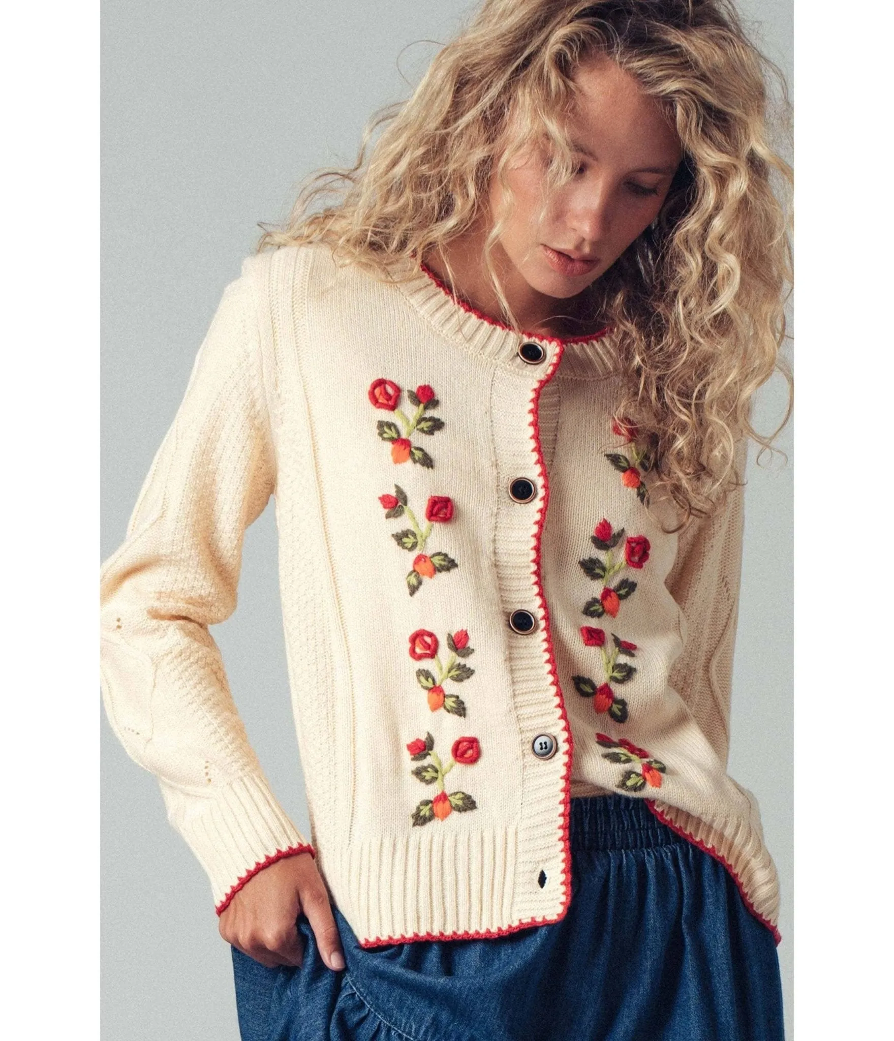 Cream & Red Floral Knit Cardigan sold by Unique Vintage