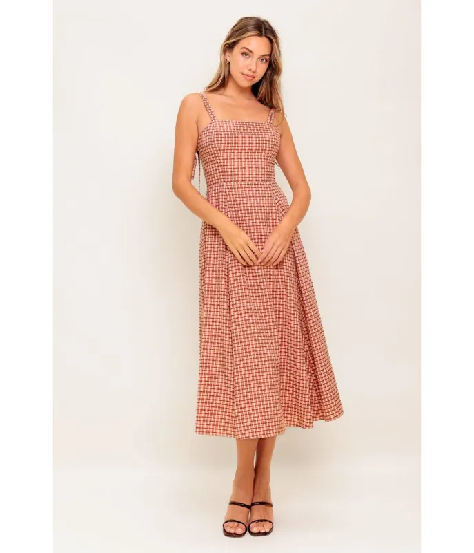 Red Gingham Sleeveless Midi Dress sold by Unique Vintage