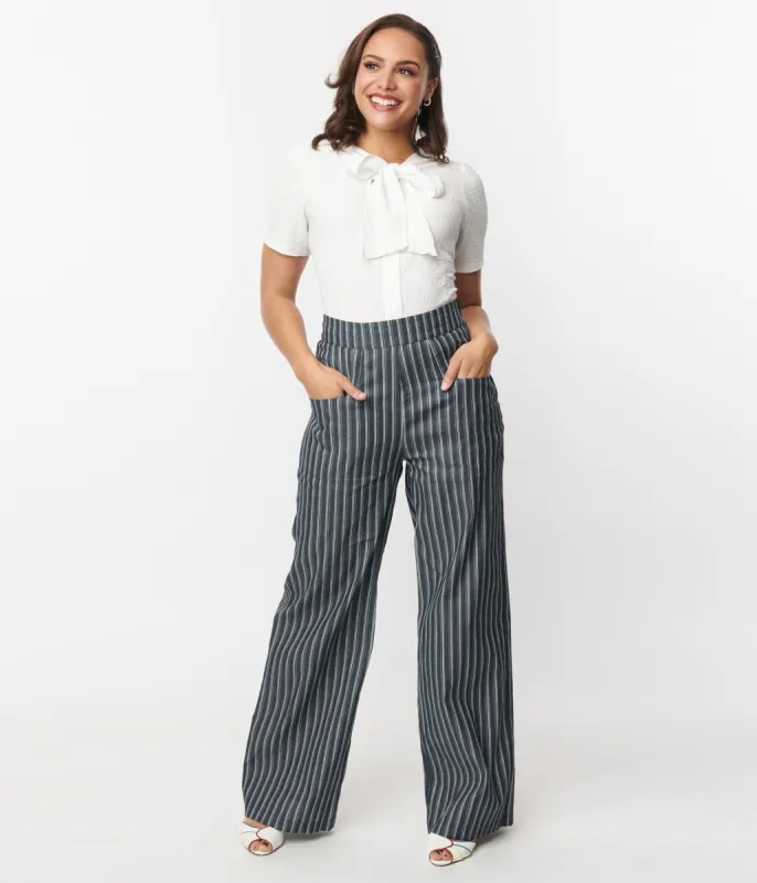 Unique Vintage 1940s Denim & White Stripe High Waist Sailor Ginger Pants sold by Unique Vintage