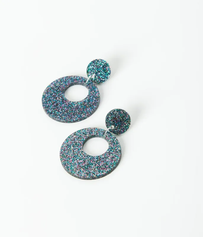 Black & Rainbow Glitter Acrylic Go Go Earrings sold by Unique Vintage