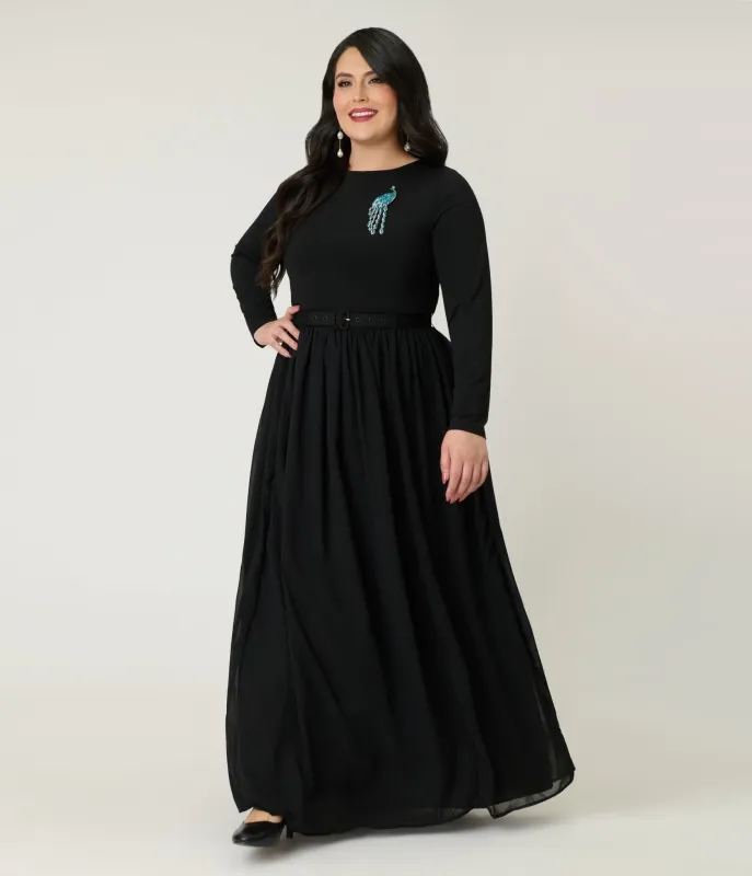 Unique Vintage Plus Size Black & Peacock Brooch Maxi Dress sold by Unique Vintage