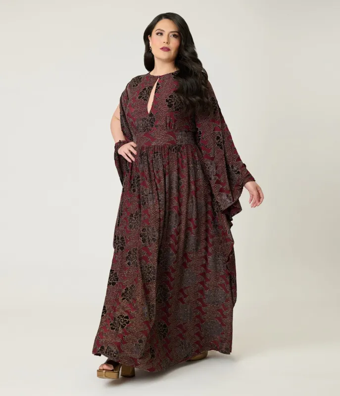 Unique Vintage Plus Size Burgundy Floral Velvet Flutter Sleeve Caftan sold by Unique Vintage