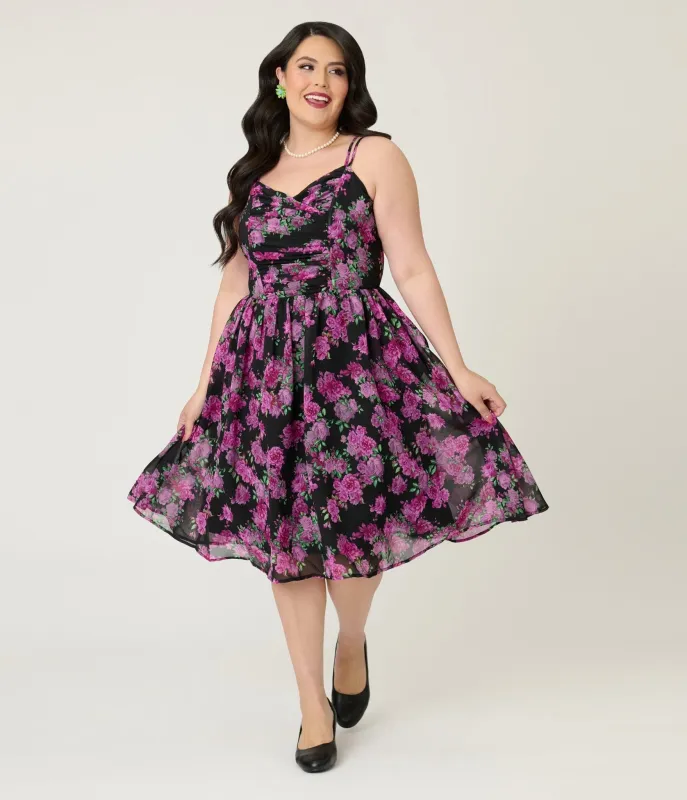 Unique Vintage Plus Size Black & Purple Floral Reed Swing Dress sold by Unique Vintage