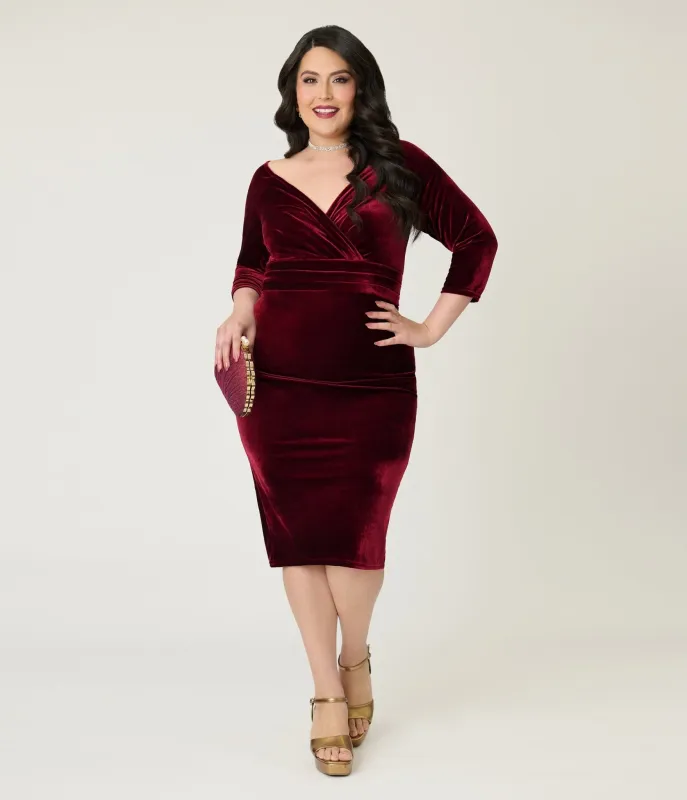 Unique Vintage Plus Size Burgundy Velvet Off the Shoulder Surplice Pencil Dress sold by Unique Vintage