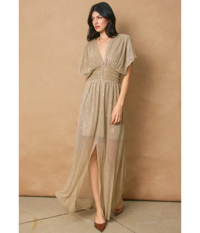 Champagne Shimmer Front Slit Maxi Dress sold by Unique Vintage