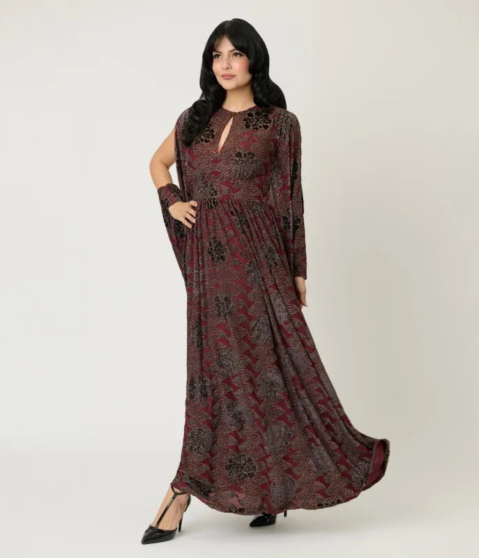 Unique Vintage Burgundy Floral Velvet Flutter Sleeve Caftan sold by Unique Vintage