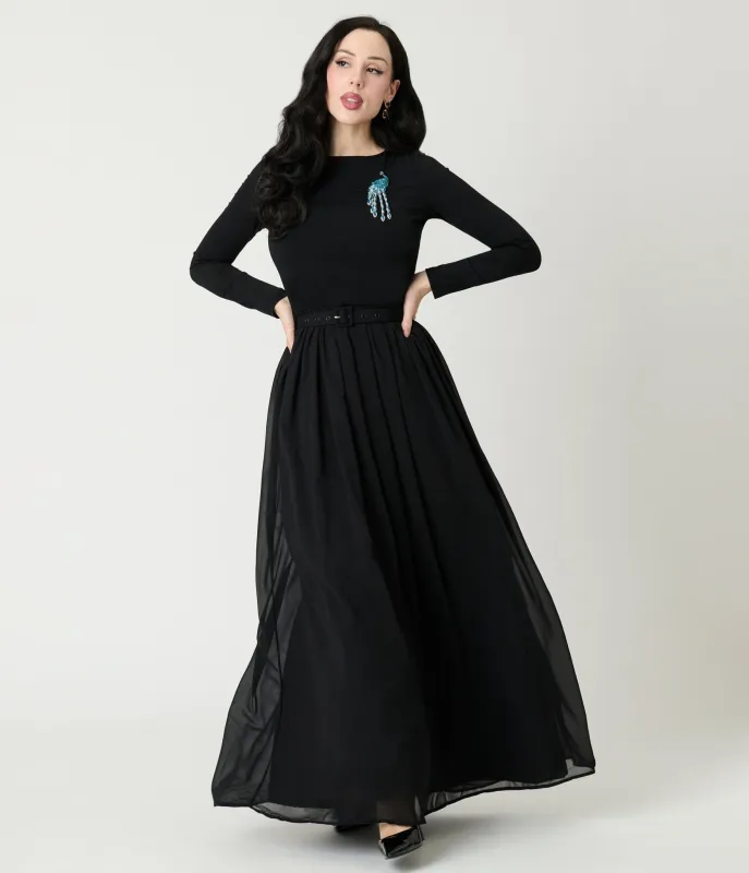Unique Vintage Black & Peacock Brooch Maxi Dress sold by Unique Vintage